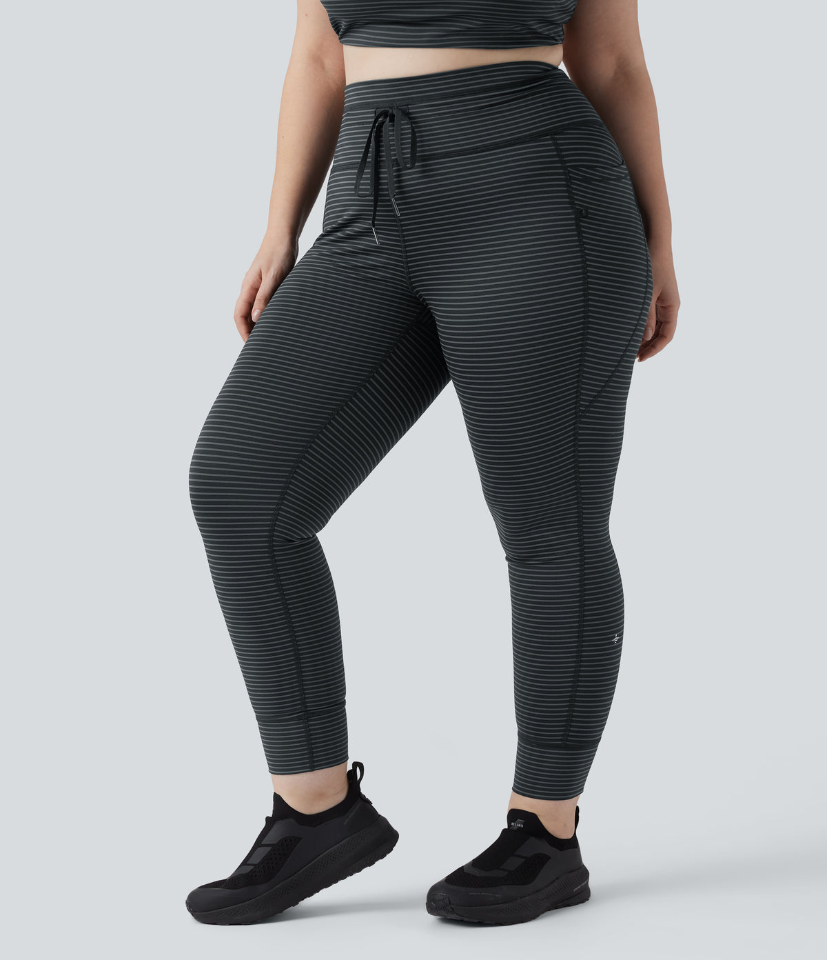 High Waisted Drawstring Striped Yoga Plus Size Leggings with Pockets — Steel Stripe — view 1