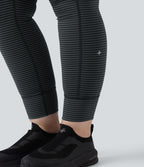 High Waisted Drawstring Striped Yoga Plus Size Leggings with Pockets — Steel Stripe — view 6
