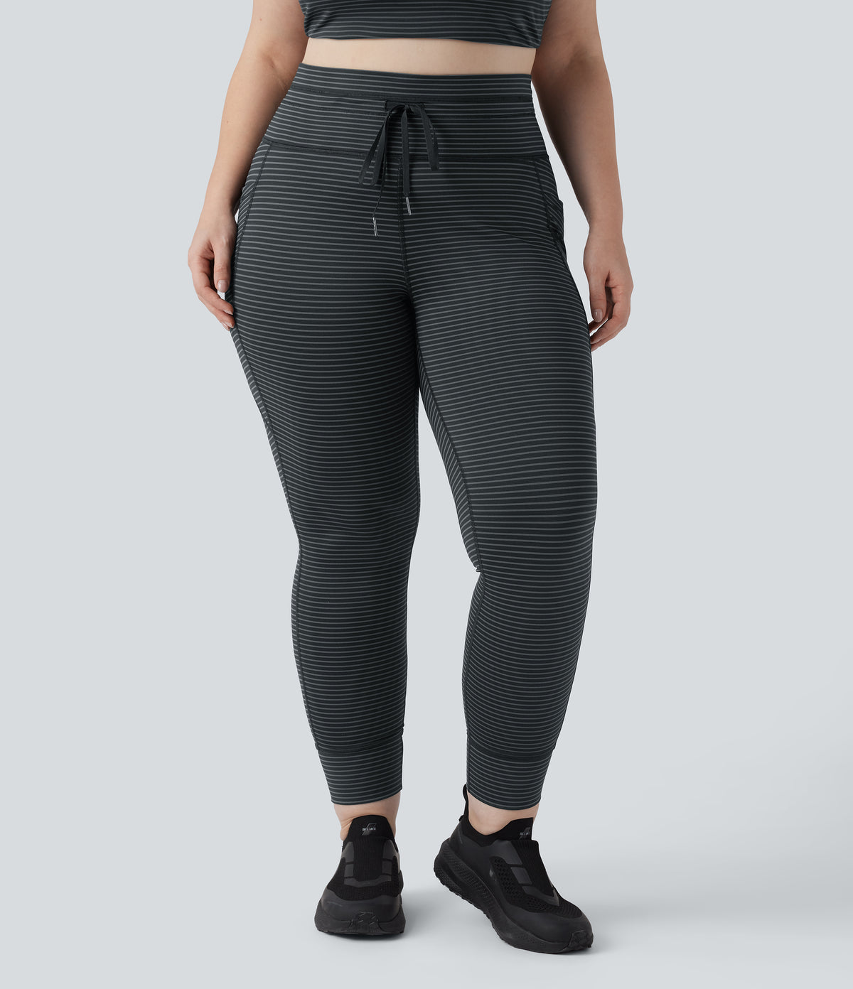 High Waisted Drawstring Striped Yoga Plus Size Leggings with Pockets — Steel Stripe — view 3