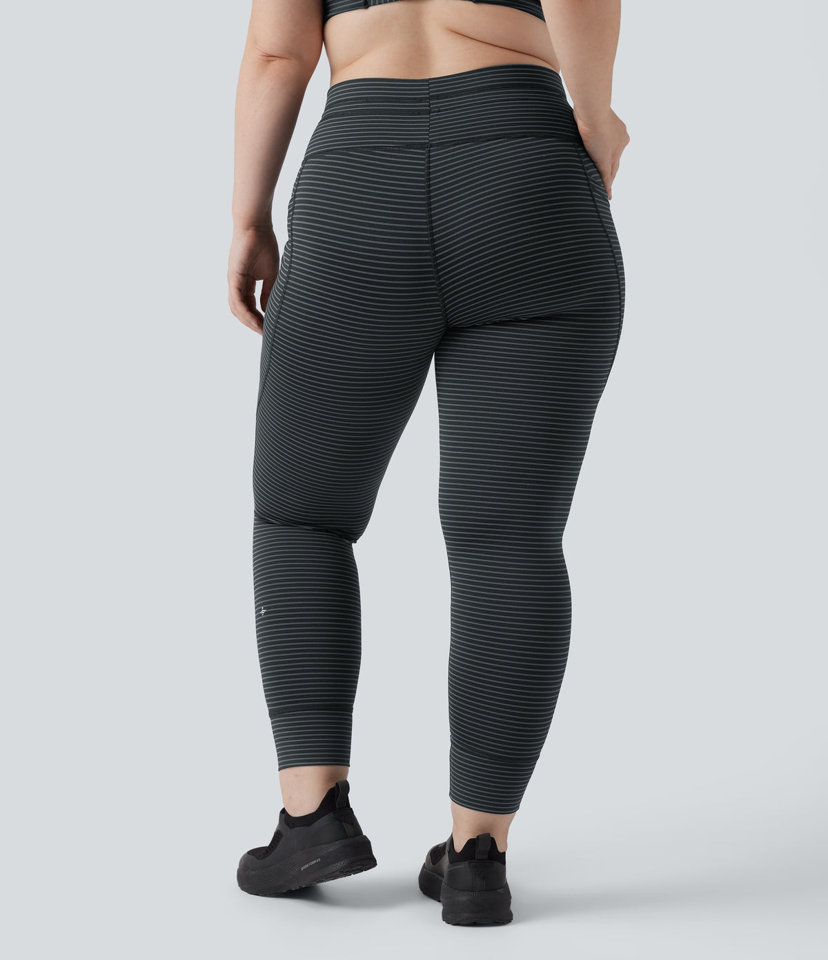 High Waisted Drawstring Striped Yoga Plus Size Leggings with Pockets — Steel Stripe — view 2