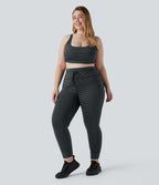 High Waisted Drawstring Striped Yoga Plus Size Leggings with Pockets — Steel Stripe — view 7