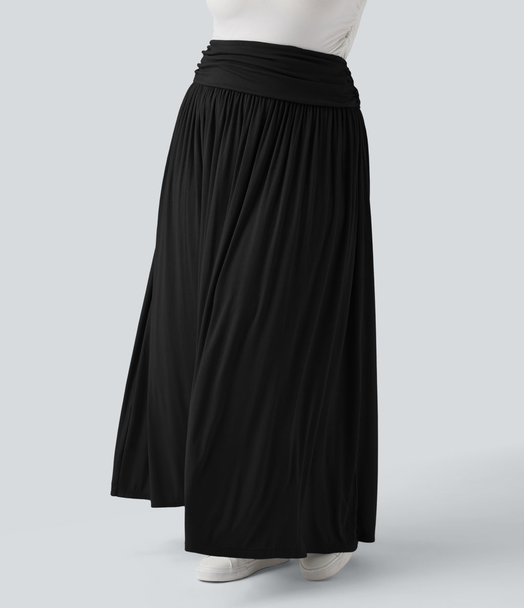 High Waisted Ruched Flowy Maxi Casual Plus Size Skirt — Black — view 4