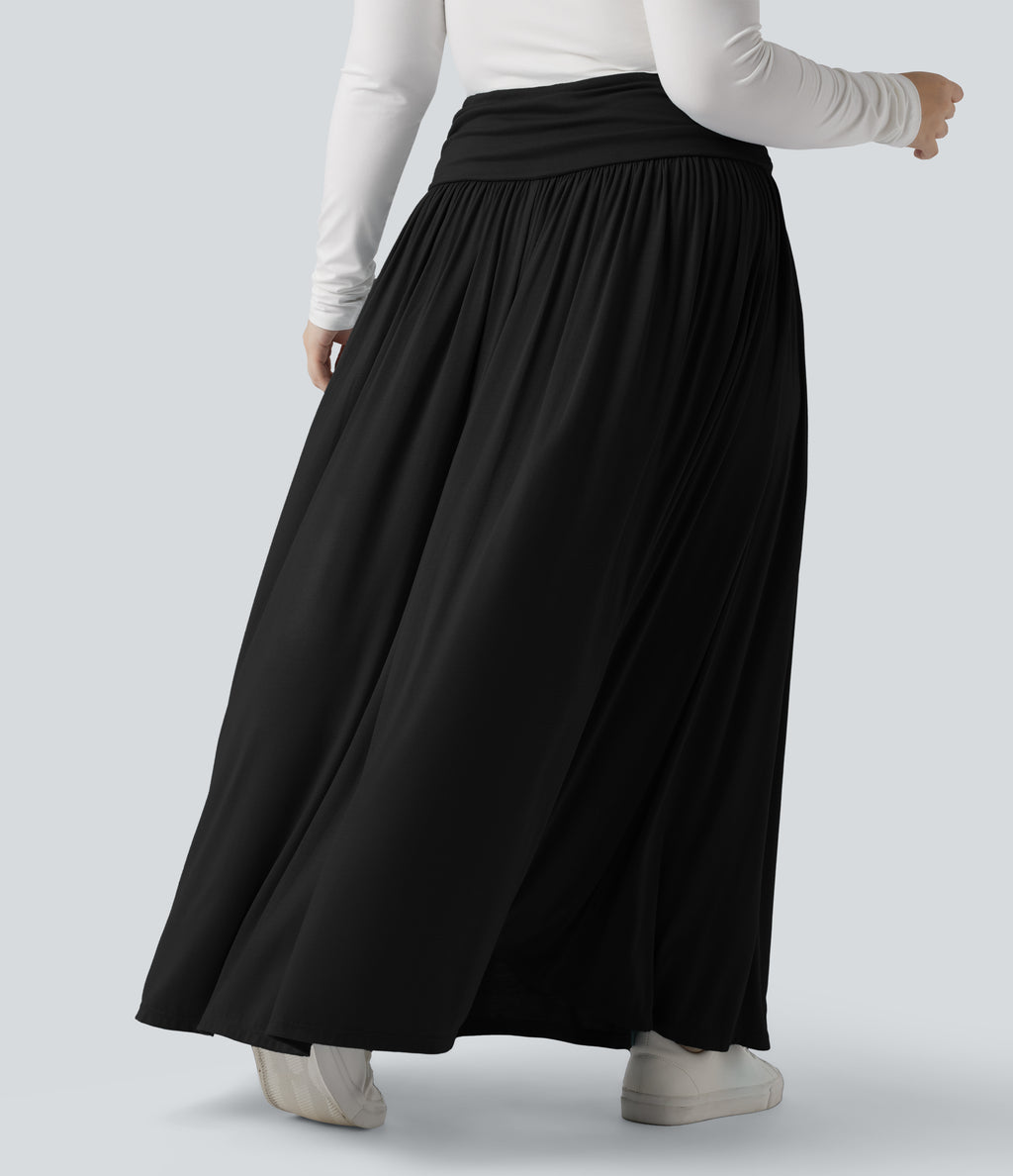 High Waisted Ruched Flowy Maxi Casual Plus Size Skirt — Black — view 3