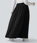 High Waisted Ruched Flowy Maxi Casual Plus Size Skirt — Black — view 3