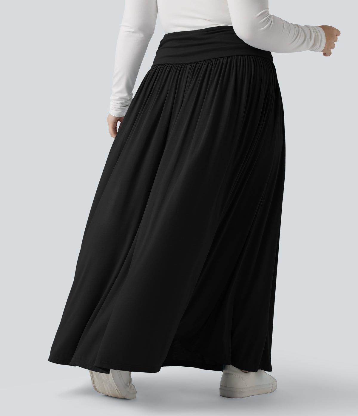 High Waisted Ruched Flowy Maxi Casual Plus Size Skirt — Black — view 3
