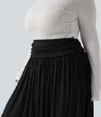 High Waisted Ruched Flowy Maxi Casual Plus Size Skirt — Black — view 5