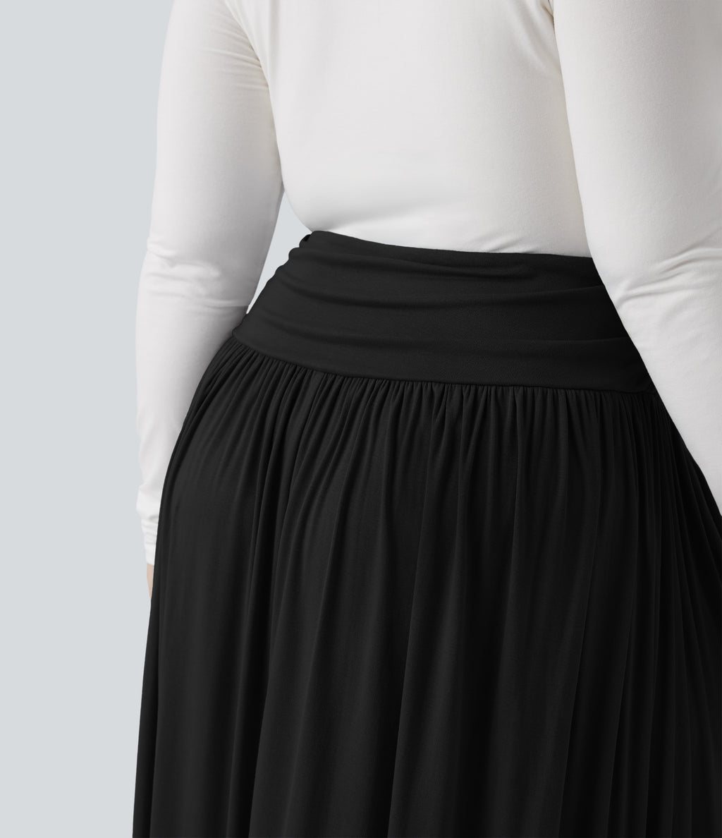 High Waisted Ruched Flowy Maxi Casual Plus Size Skirt — Black — view 6