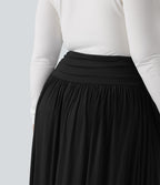 High Waisted Ruched Flowy Maxi Casual Plus Size Skirt — Black — view 6