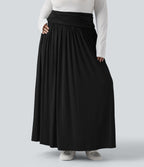 High Waisted Ruched Flowy Maxi Casual Plus Size Skirt — Black — view 2