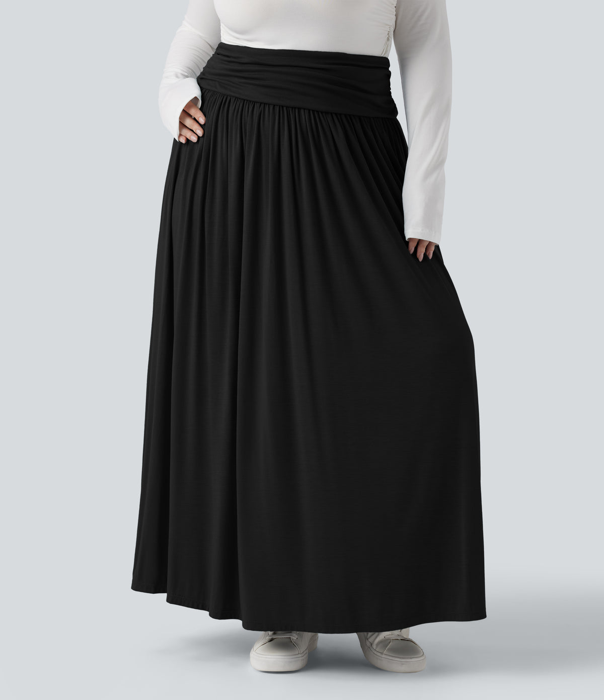 High Waisted Ruched Flowy Maxi Casual Plus Size Skirt — Black — view 2