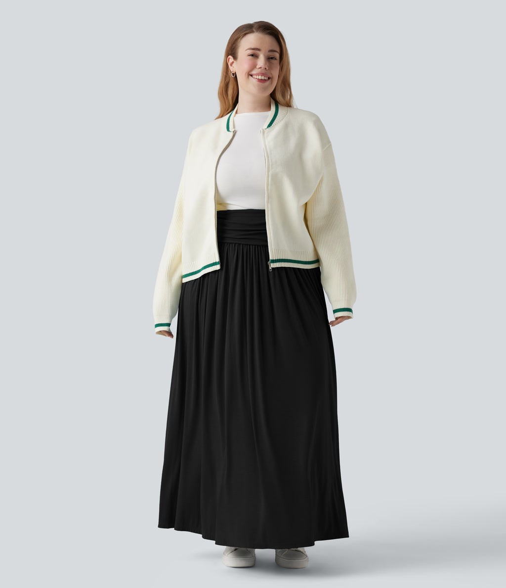 High Waisted Ruched Flowy Maxi Casual Plus Size Skirt — Black — view 1