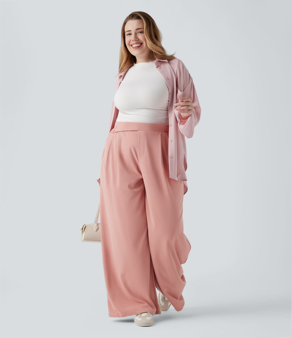 High Waisted Wide Leg Waffle Casual Plus Size Trousers with Pockets — Rose Tan — view 6