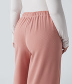 High Waisted Wide Leg Waffle Casual Plus Size Trousers with Pockets — Rose Tan — view 5