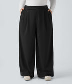 High Waisted Wide Leg Waffle Casual Plus Size Trousers with Pockets — Black — view 7