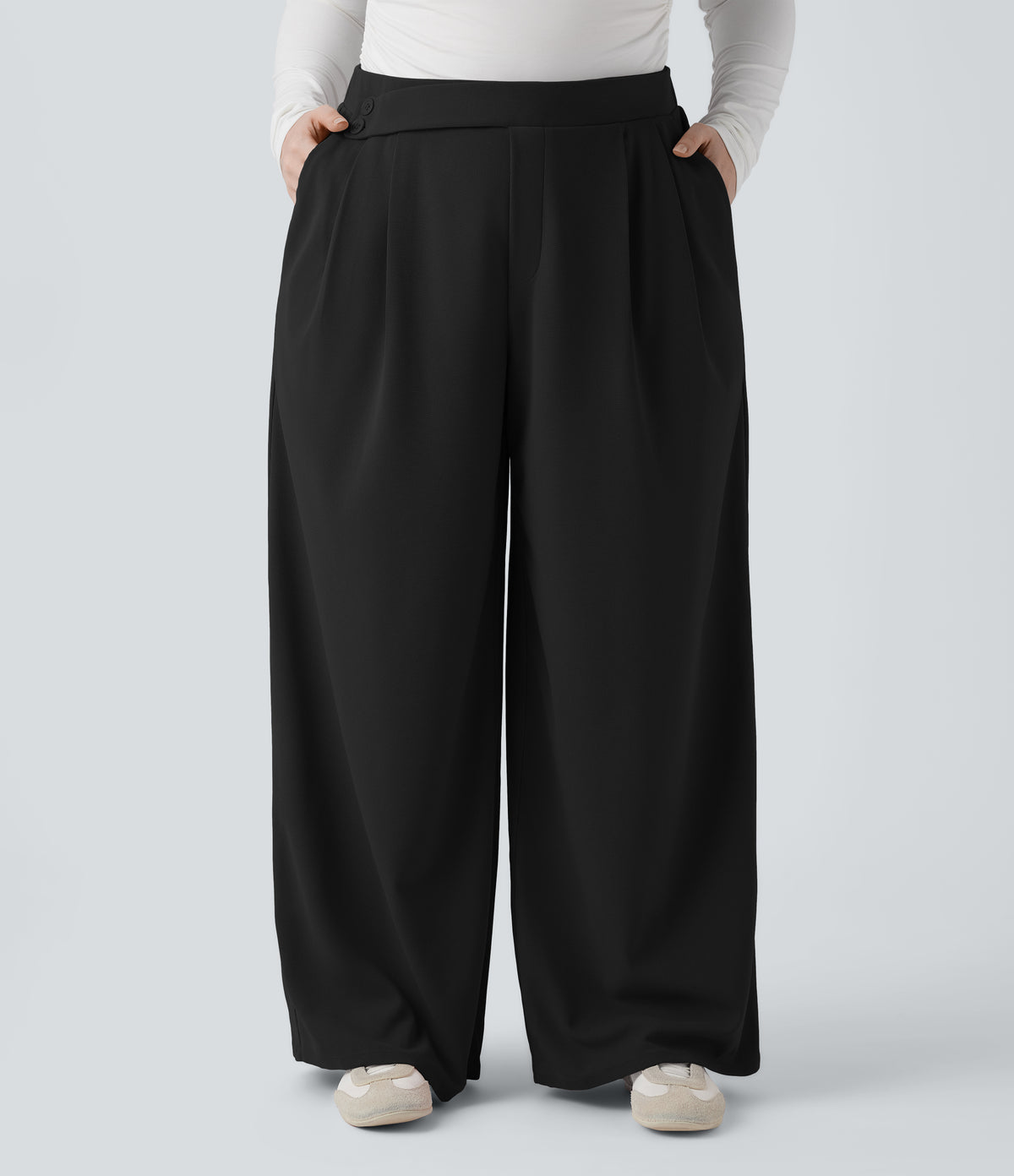 High Waisted Wide Leg Waffle Casual Plus Size Trousers with Pockets — Black — view 7