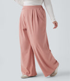 High Waisted Wide Leg Waffle Casual Plus Size Trousers with Pockets — Rose Tan — view 3