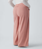 High Waisted Wide Leg Waffle Casual Plus Size Trousers with Pockets — Rose Tan — view 2