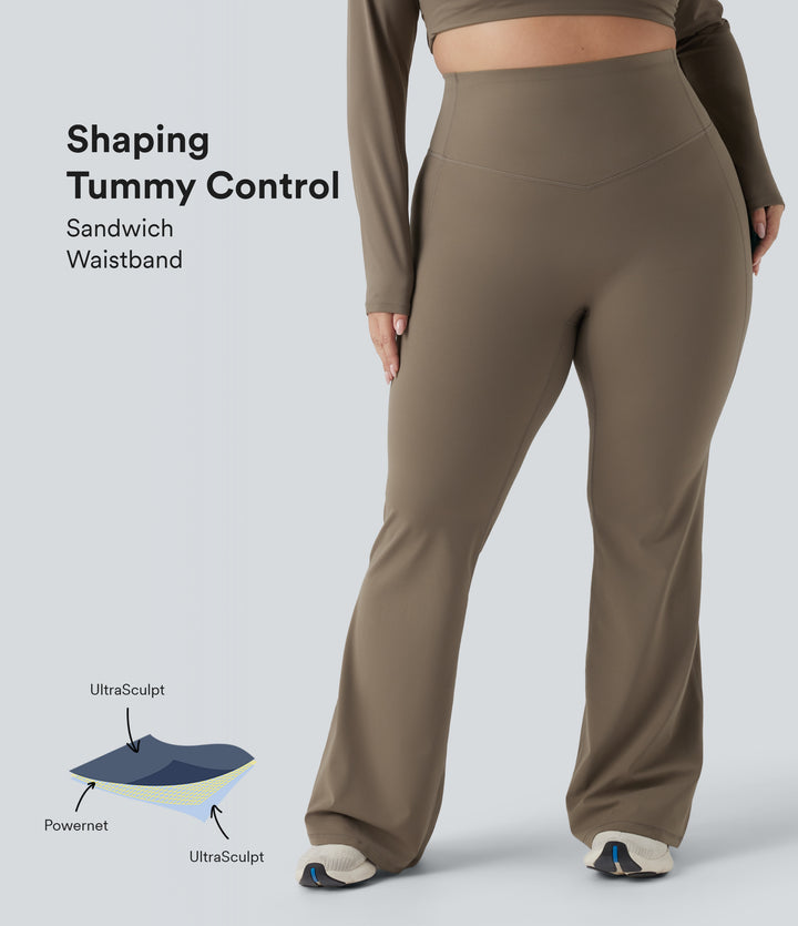 High Waisted Tummy Control Shaping Yoga Flare Plus Size Leggings — Dawn Brown — view 1