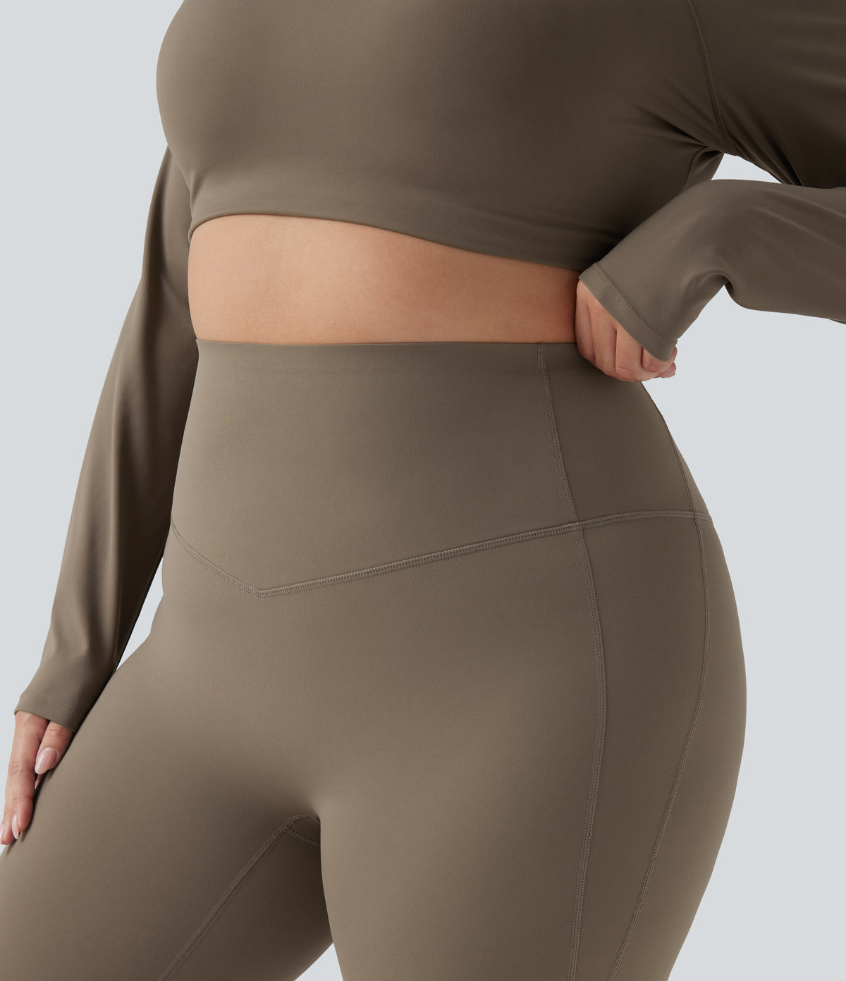 High Waisted Tummy Control Shaping Yoga Flare Plus Size Leggings — Dawn Brown — view 4