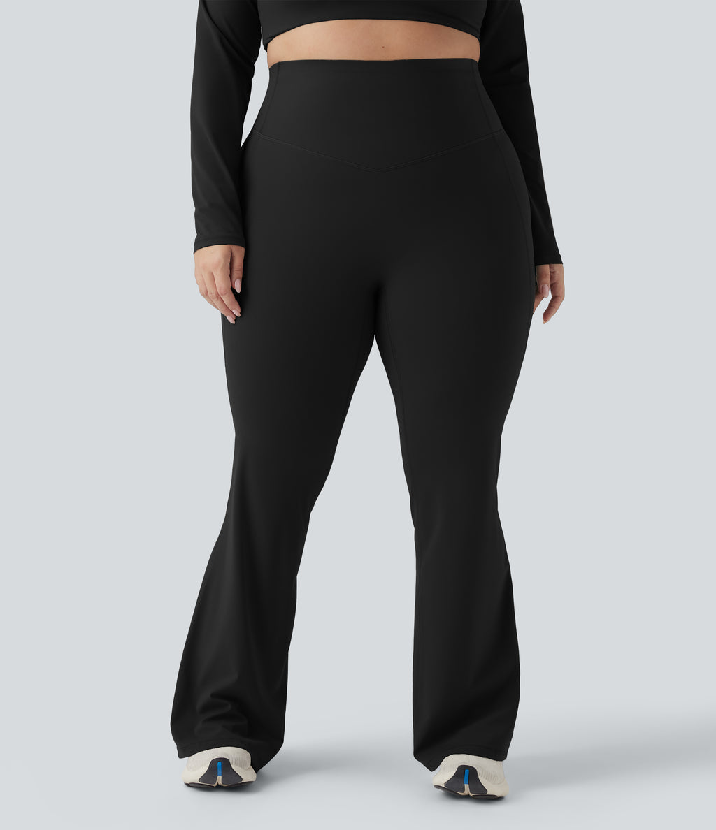 High Waisted Tummy Control Shaping Yoga Flare Plus Size Leggings — Black — view 7