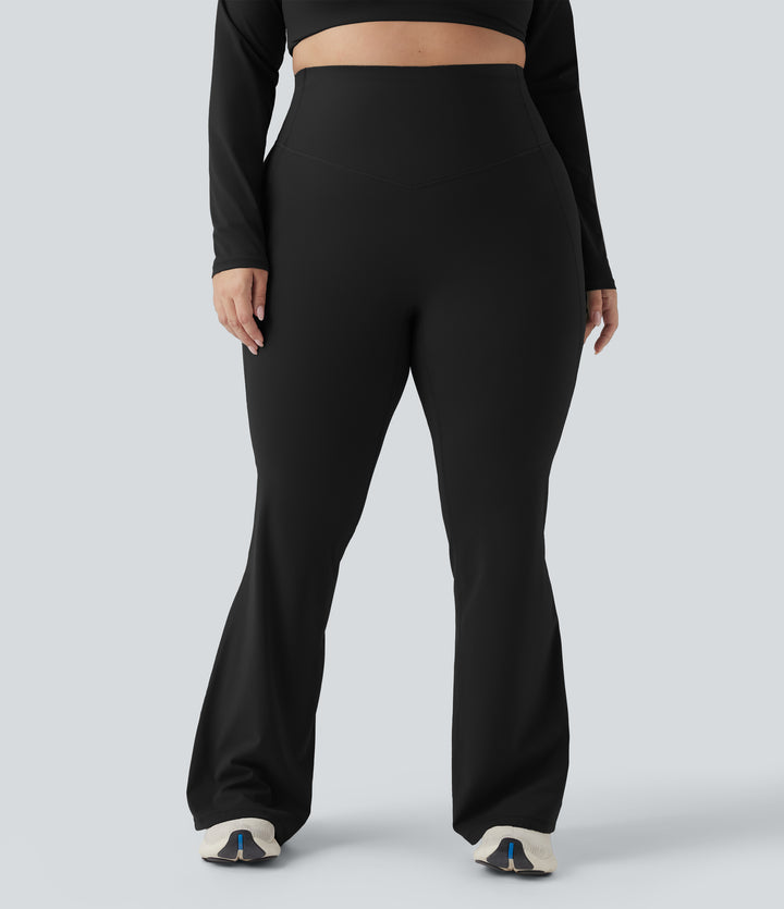 High Waisted Tummy Control Shaping Yoga Flare Plus Size Leggings — Black — view 7