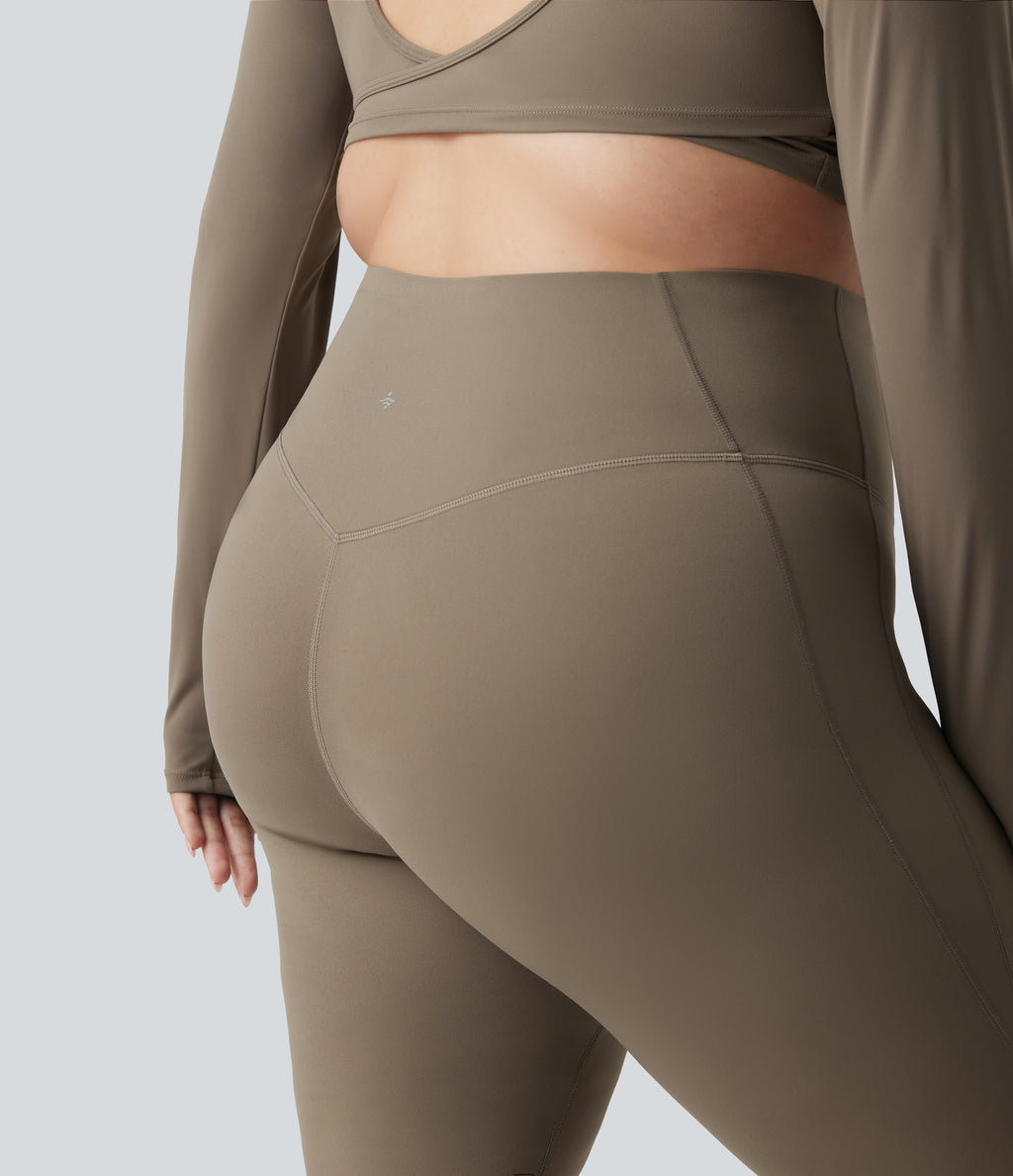 High Waisted Tummy Control Shaping Yoga Flare Plus Size Leggings — Dawn Brown — view 5