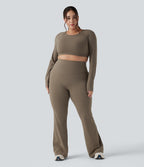 High Waisted Tummy Control Shaping Yoga Flare Plus Size Leggings — Dawn Brown — view 6