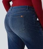 Low Rise Flared Washed Casual Plus Size Jeans with Pockets — Estate Blue Denim — view 5