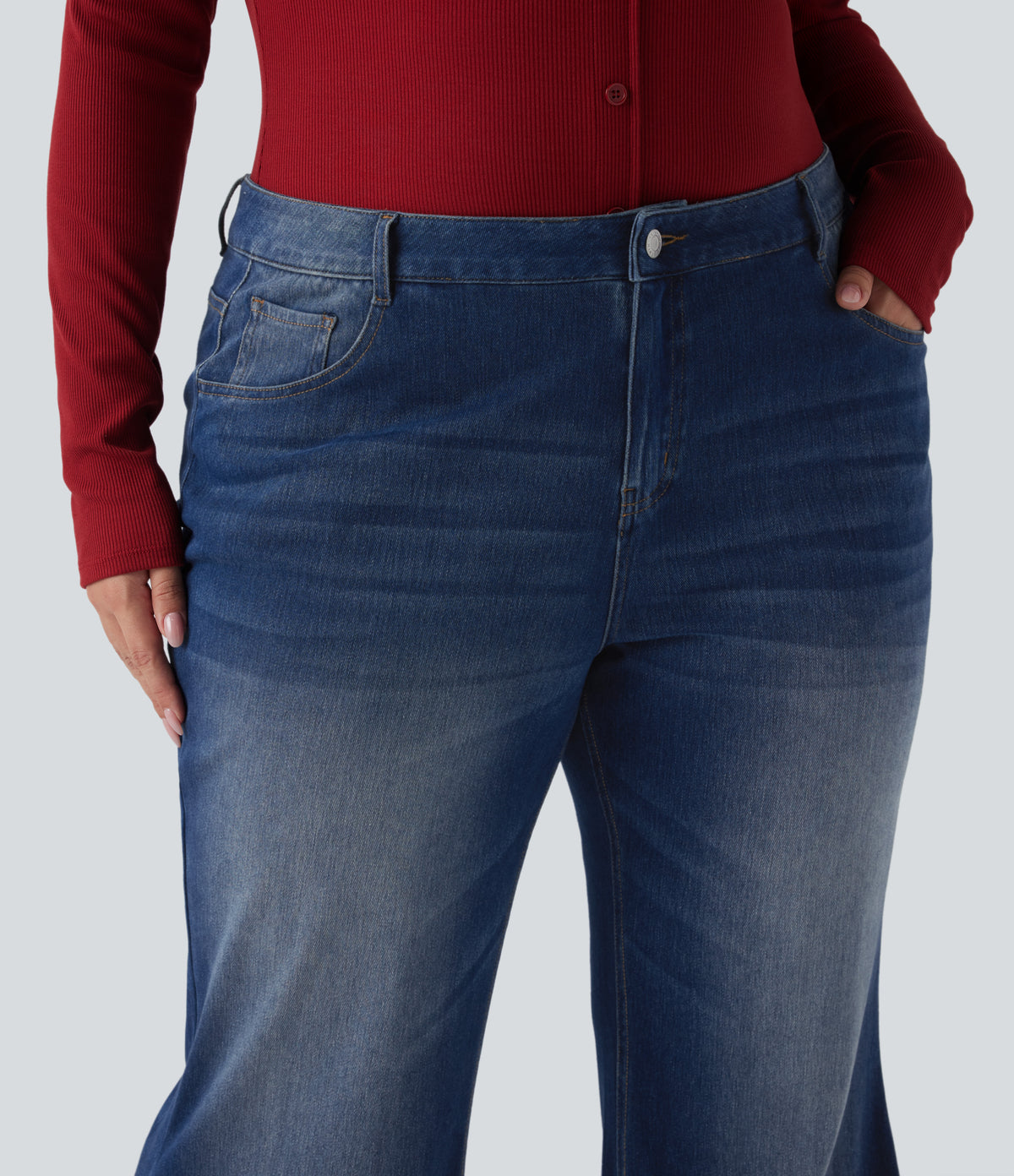 Low Rise Flared Washed Casual Plus Size Jeans with Pockets — Estate Blue Denim — view 4