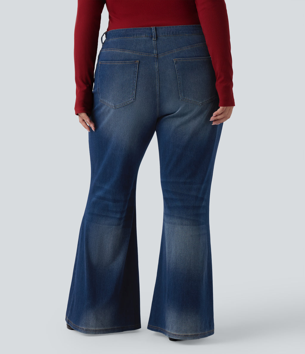 Low Rise Flared Washed Casual Plus Size Jeans with Pockets — Estate Blue Denim — view 2