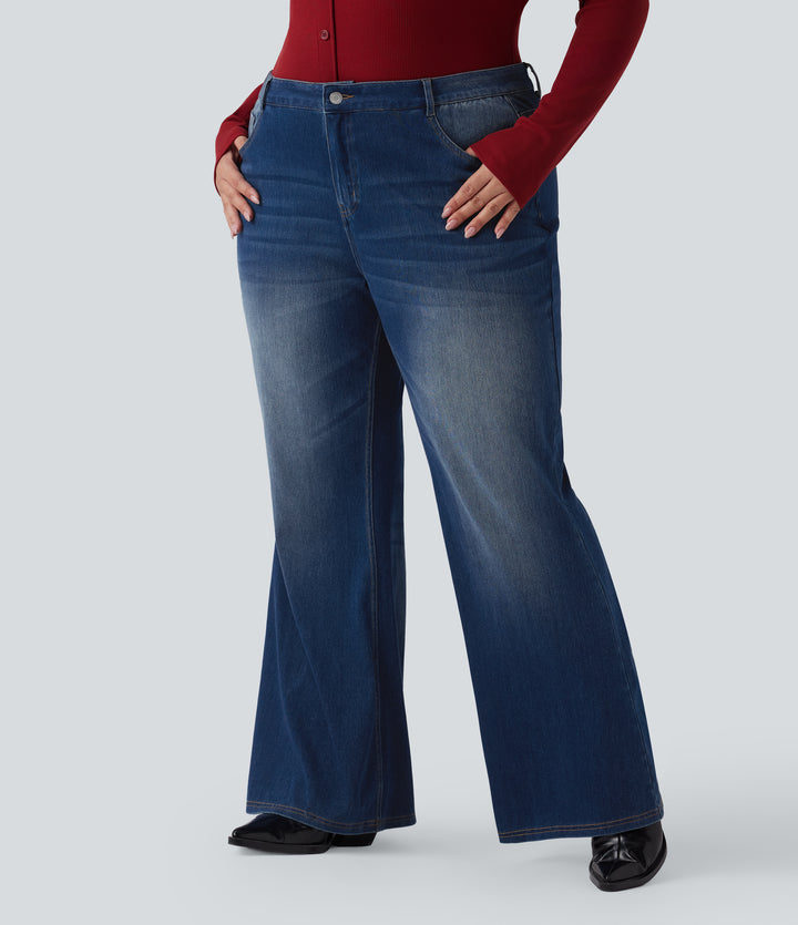 Low Rise Flared Washed Casual Plus Size Jeans with Pockets — Estate Blue Denim — view 1