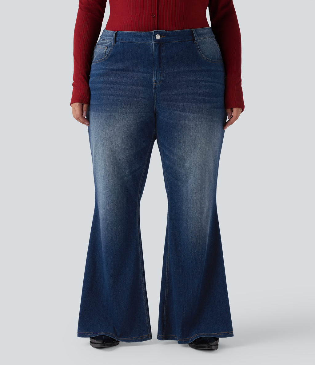 Low Rise Flared Washed Casual Plus Size Jeans with Pockets — Estate Blue Denim — view 3