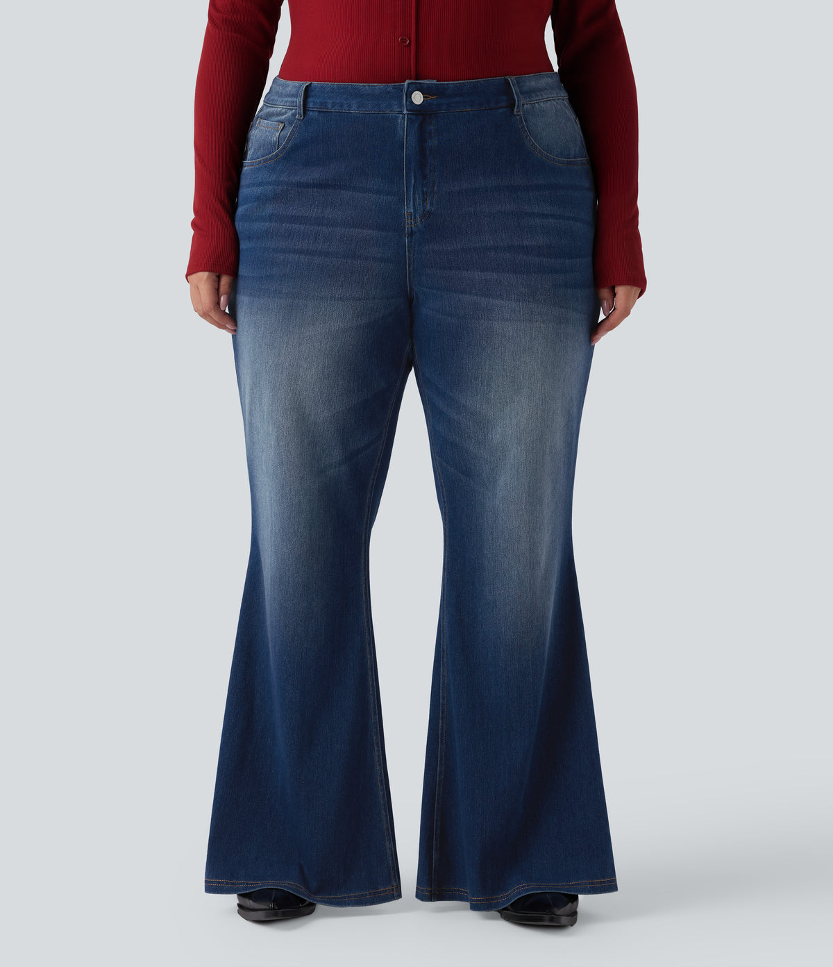 Low Rise Flared Washed Casual Plus Size Jeans with Pockets — Estate Blue Denim — view 3