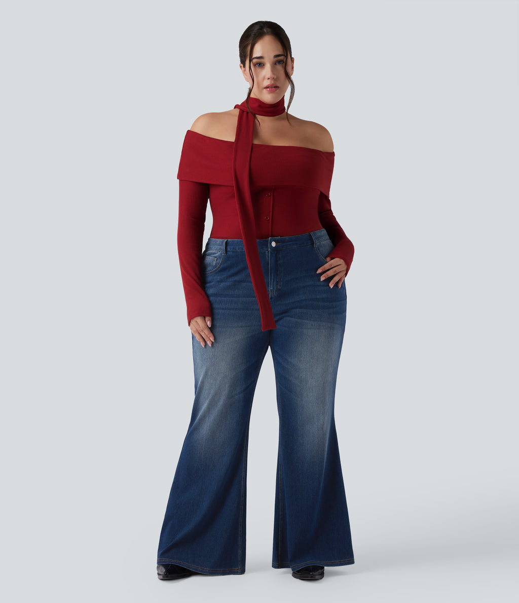 Low Rise Flared Washed Casual Plus Size Jeans with Pockets — Estate Blue Denim — view 6