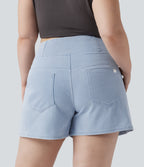 Crossover High Waisted Pockets Wide Leg A Line Washed Denim Casual Plus Size Shorts — Washed Denim Sunny Blue — view 2