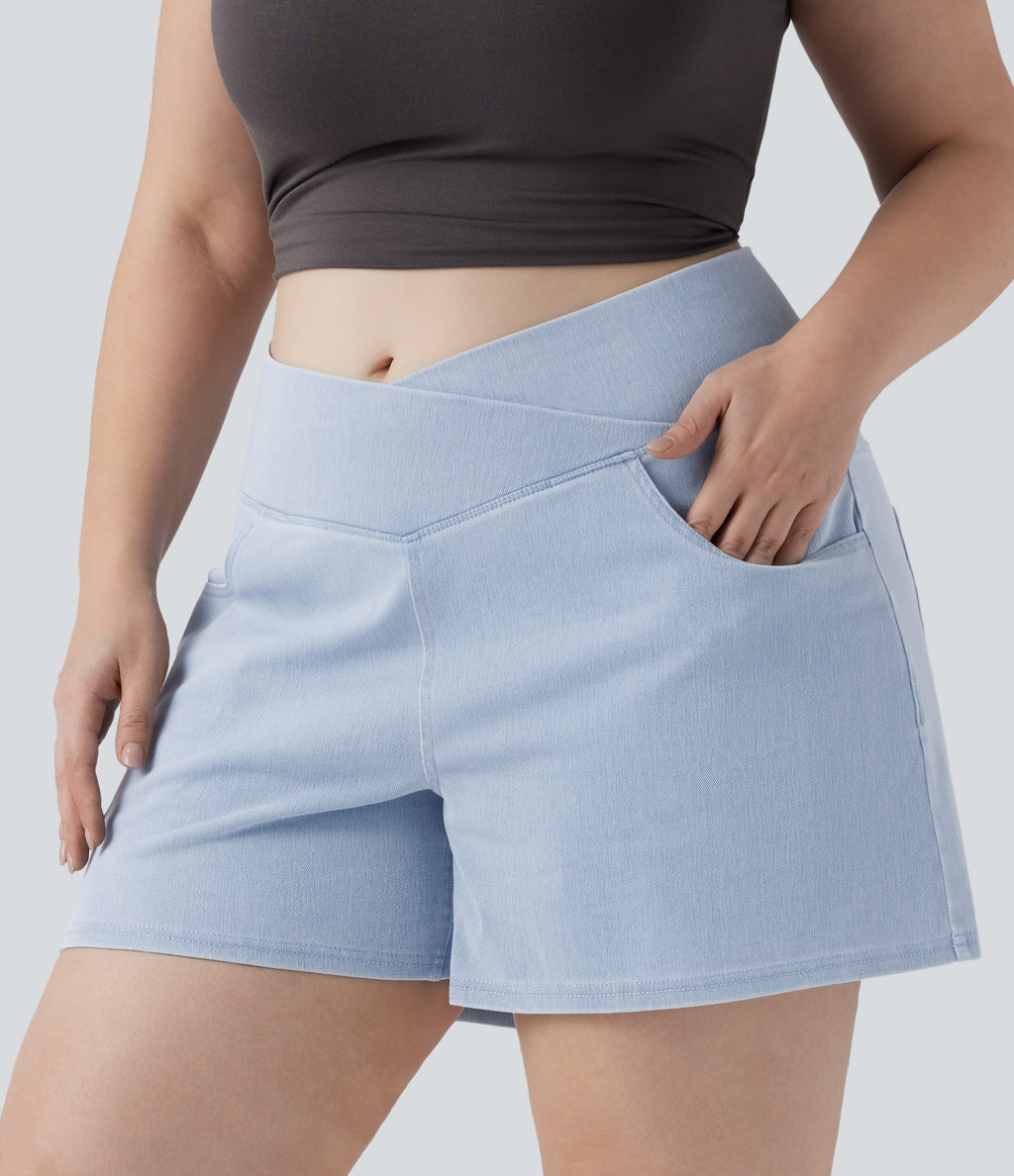 Crossover High Waisted Pockets Wide Leg A Line Washed Denim Casual Plus Size Shorts — Washed Denim Sunny Blue — view 3