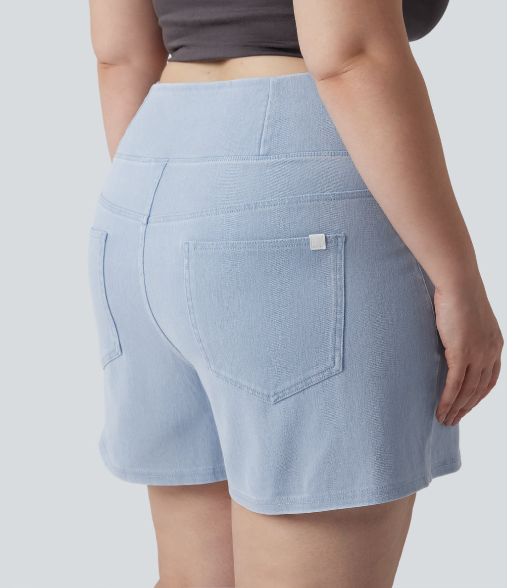 Crossover High Waisted Pockets Wide Leg A Line Washed Denim Casual Plus Size Shorts — Washed Denim Sunny Blue — view 5