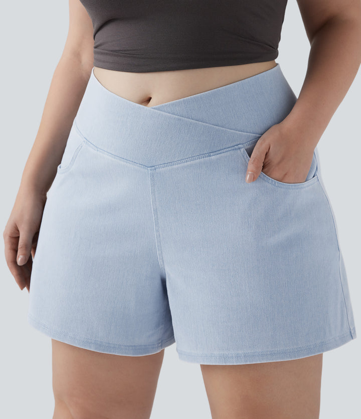 Crossover High Waisted Pockets Wide Leg A Line Washed Denim Casual Plus Size Shorts — Washed Denim Sunny Blue — view 1