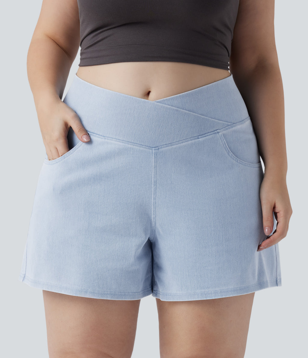 Crossover High Waisted Pockets Wide Leg A Line Washed Denim Casual Plus Size Shorts — Washed Denim Sunny Blue — view 4