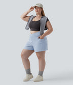 Crossover High Waisted Pockets Wide Leg A Line Washed Denim Casual Plus Size Shorts — Washed Denim Sunny Blue — view 6