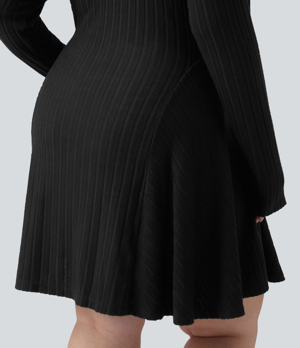 Ribbed Knit V Neck Long Sleeve Flare Mini Casual Plus Size Dress — Black — view 6