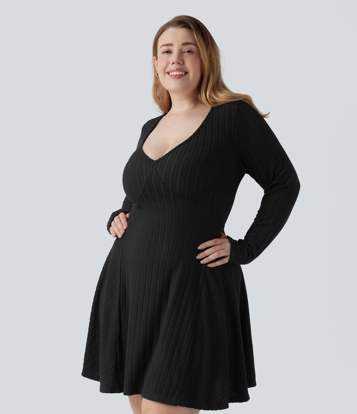 Ribbed Knit V Neck Long Sleeve Flare Mini Casual Plus Size Dress — Black — view 4