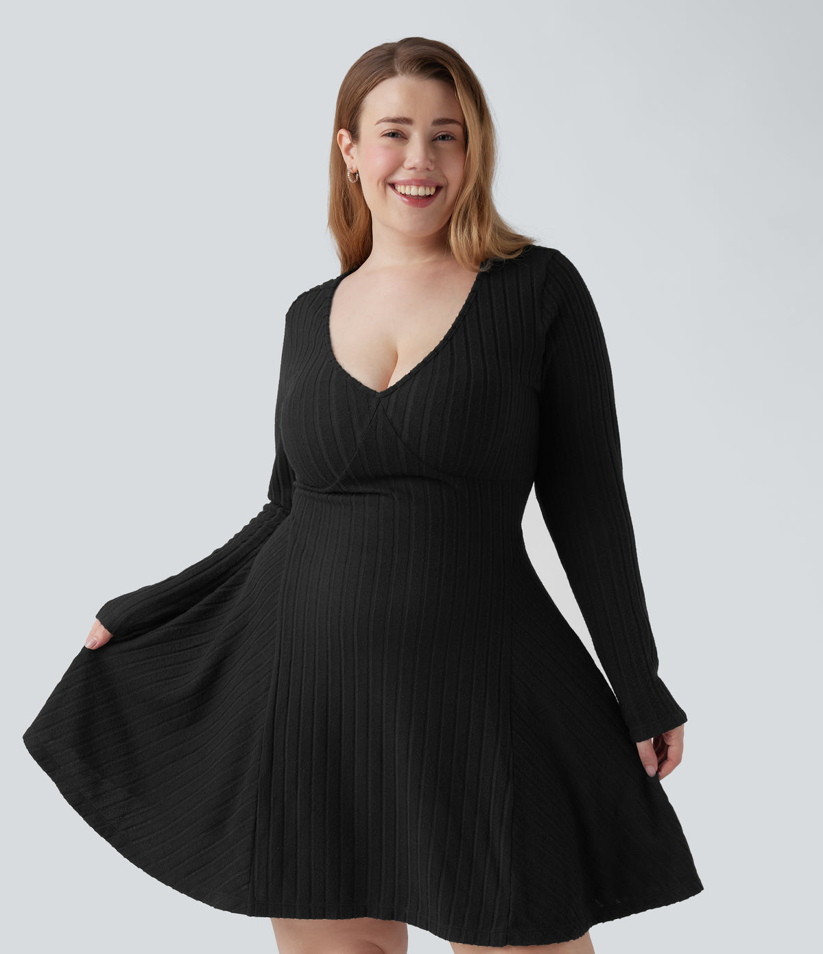 Ribbed Knit V Neck Long Sleeve Flare Mini Casual Plus Size Dress — Black — view 2