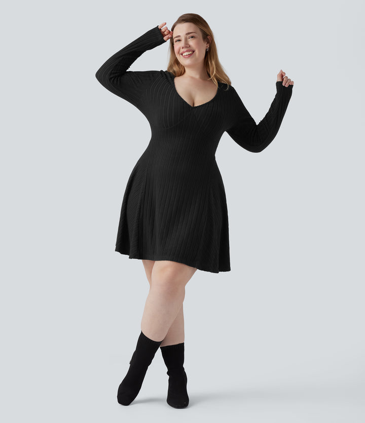 Ribbed Knit V Neck Long Sleeve Flare Mini Casual Plus Size Dress — Black — view 1