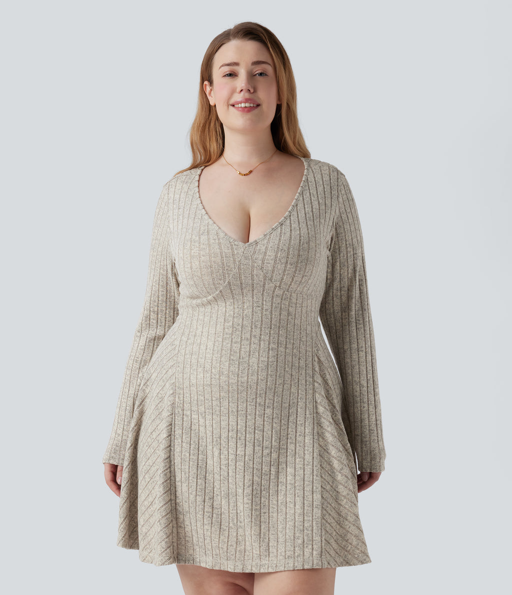 Ribbed Knit V Neck Long Sleeve Flare Mini Casual Plus Size Dress — Feather Gray — view 7