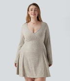 Ribbed Knit V Neck Long Sleeve Flare Mini Casual Plus Size Dress — Feather Gray — view 7