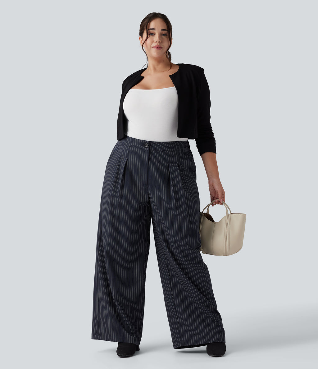 High Waisted Wide Leg Striped Work Plus Size Trousers with Pockets — After Midnight — view 6