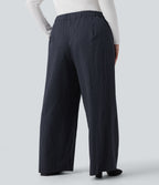 High Waisted Wide Leg Striped Work Plus Size Trousers with Pockets — After Midnight — view 2