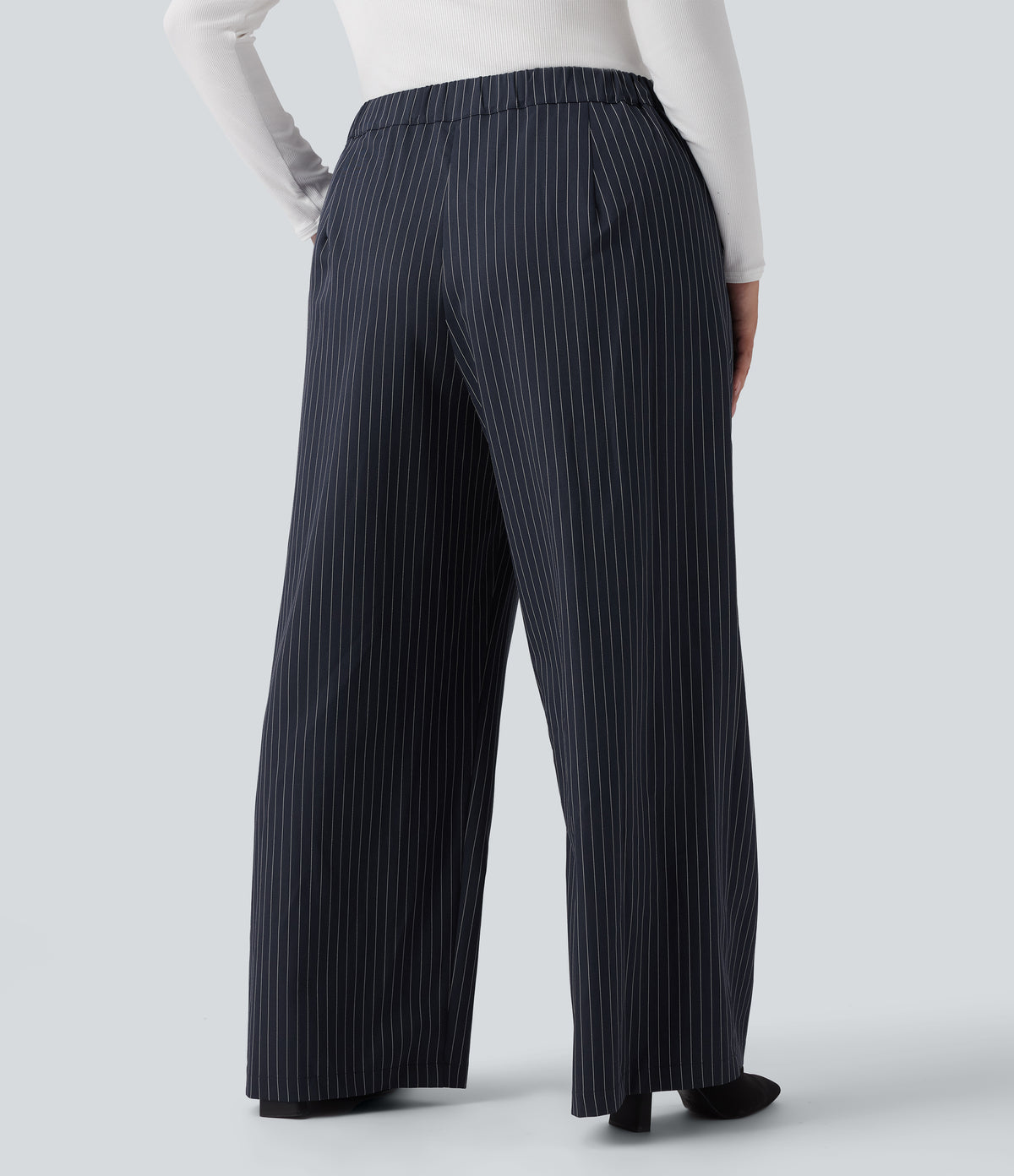 High Waisted Wide Leg Striped Work Plus Size Trousers with Pockets — After Midnight — view 2