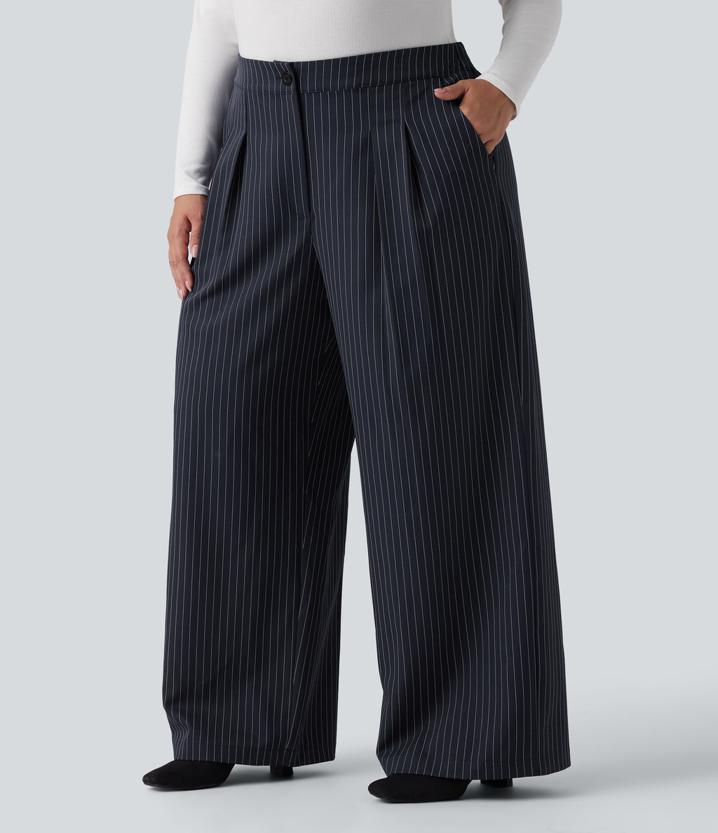 High Waisted Wide Leg Striped Work Plus Size Trousers with Pockets — After Midnight — view 3